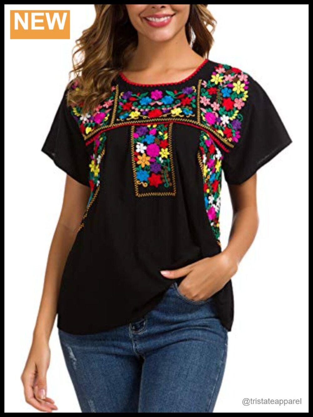 Women's Embroidered Peasant Blouse Short Sleeve Cotton Bohemian Tunic